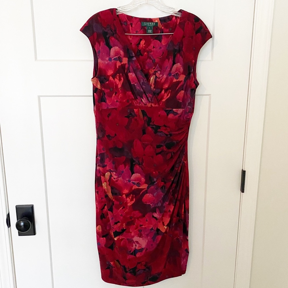Lauren Ralph Lauren red floral ruched dress size 10